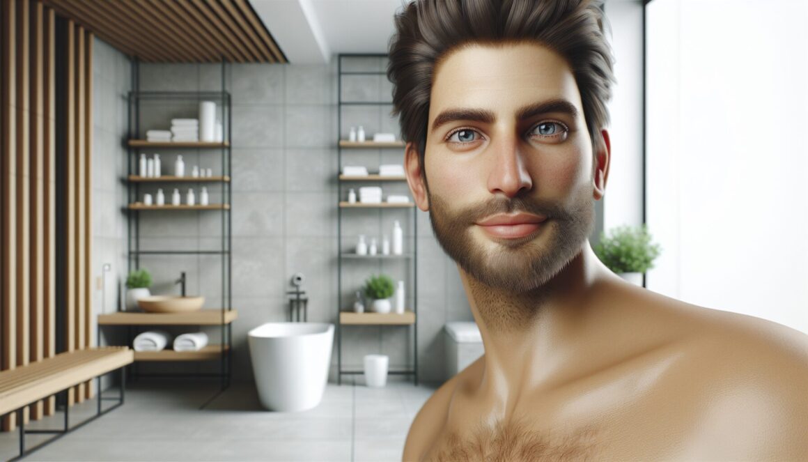 Man with a healthy skin in a bathroom
