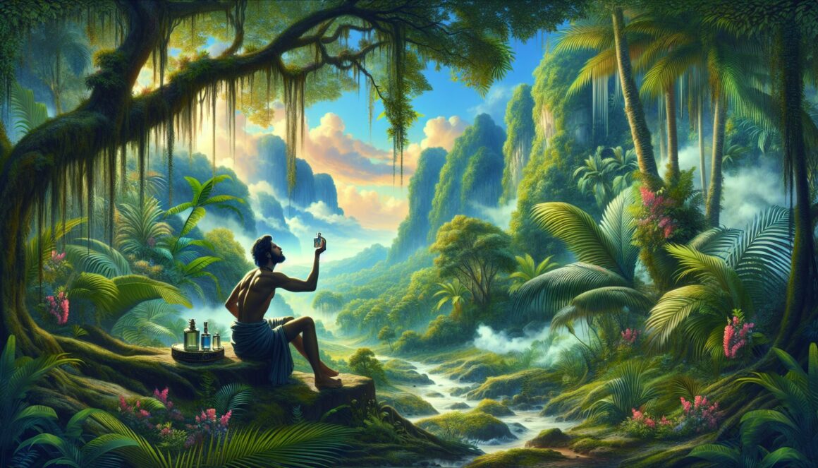 A man testing a perfume in a jungle vivid environment