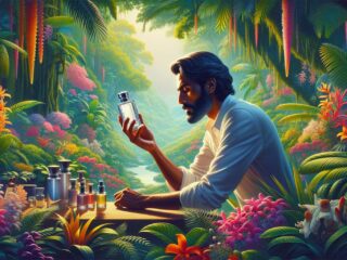 A man testing a perfume in a jungle vivid environment