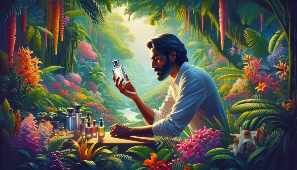 A man testing a perfume in a jungle vivid environment