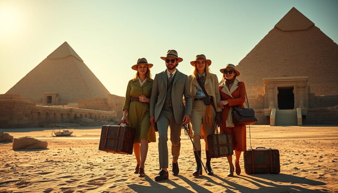 Retro Holiday Pioneers at Egyptian Pyramids